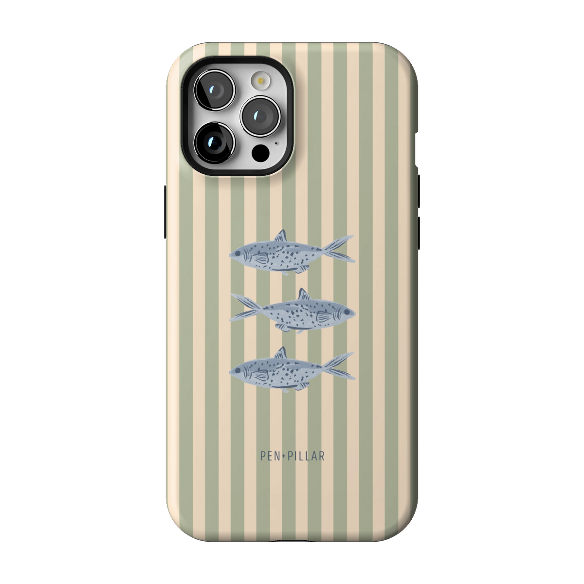 Sea Stripes case on iPhone 12 Pro Max, back view: blue fish on sage and cream stripes