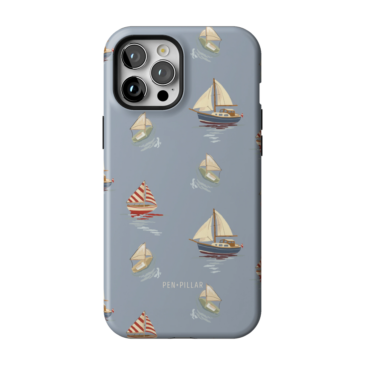Harbor case on iPhone 12 Pro Max, back view: sailboats and paper boats on dusty blue