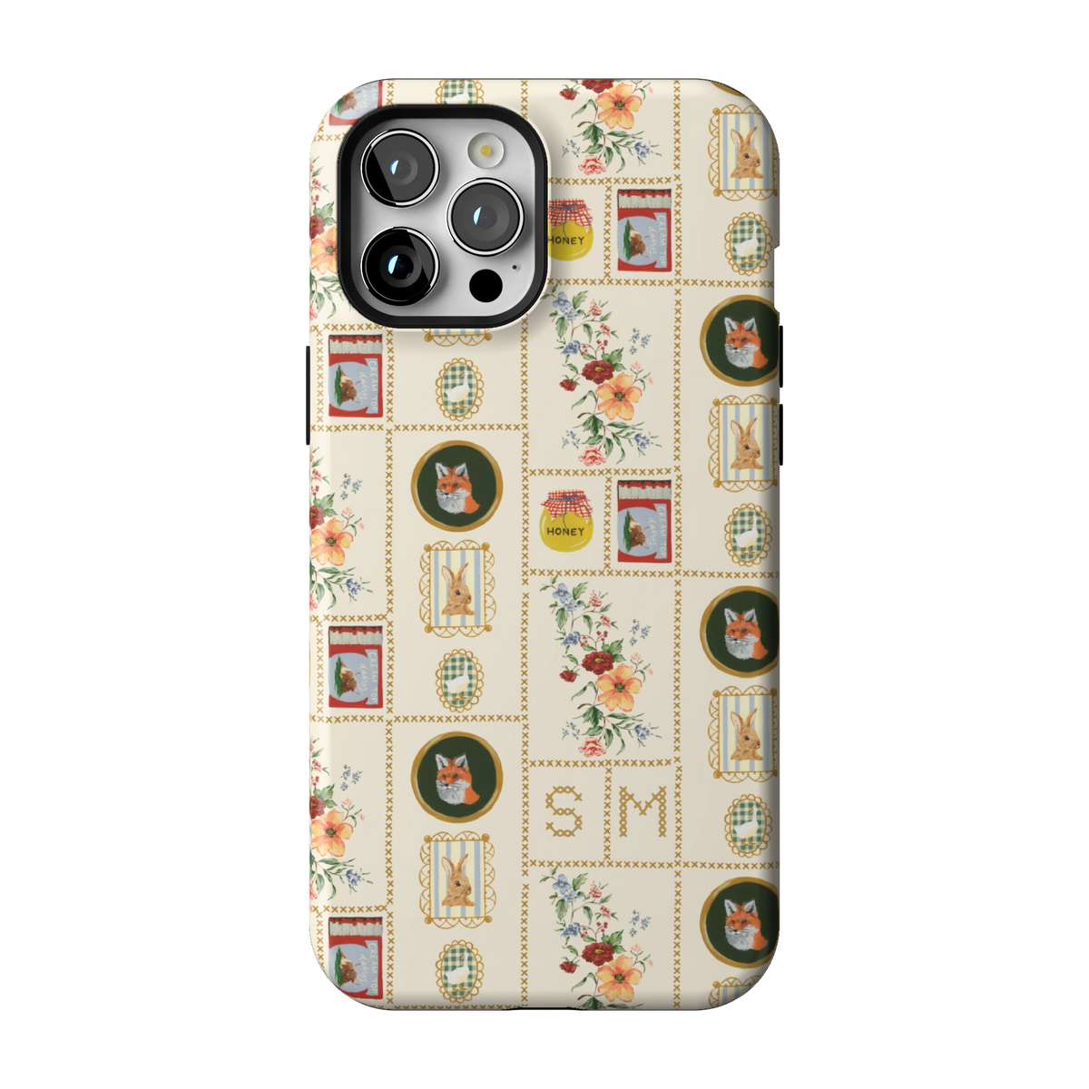 Sampler Personalized case on iPhone 12 Pro Max, back view: cross-stitch style squares of jars, animals and florals on cream with the initials SM