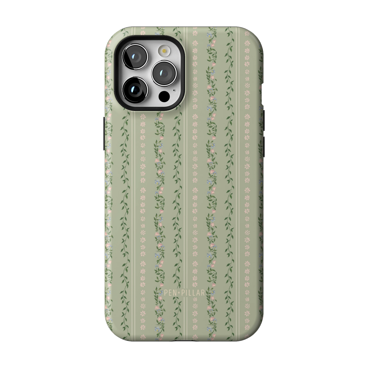 Camellia case on iPhone 12 Pro Max, back view: sage green with soft floral stripes