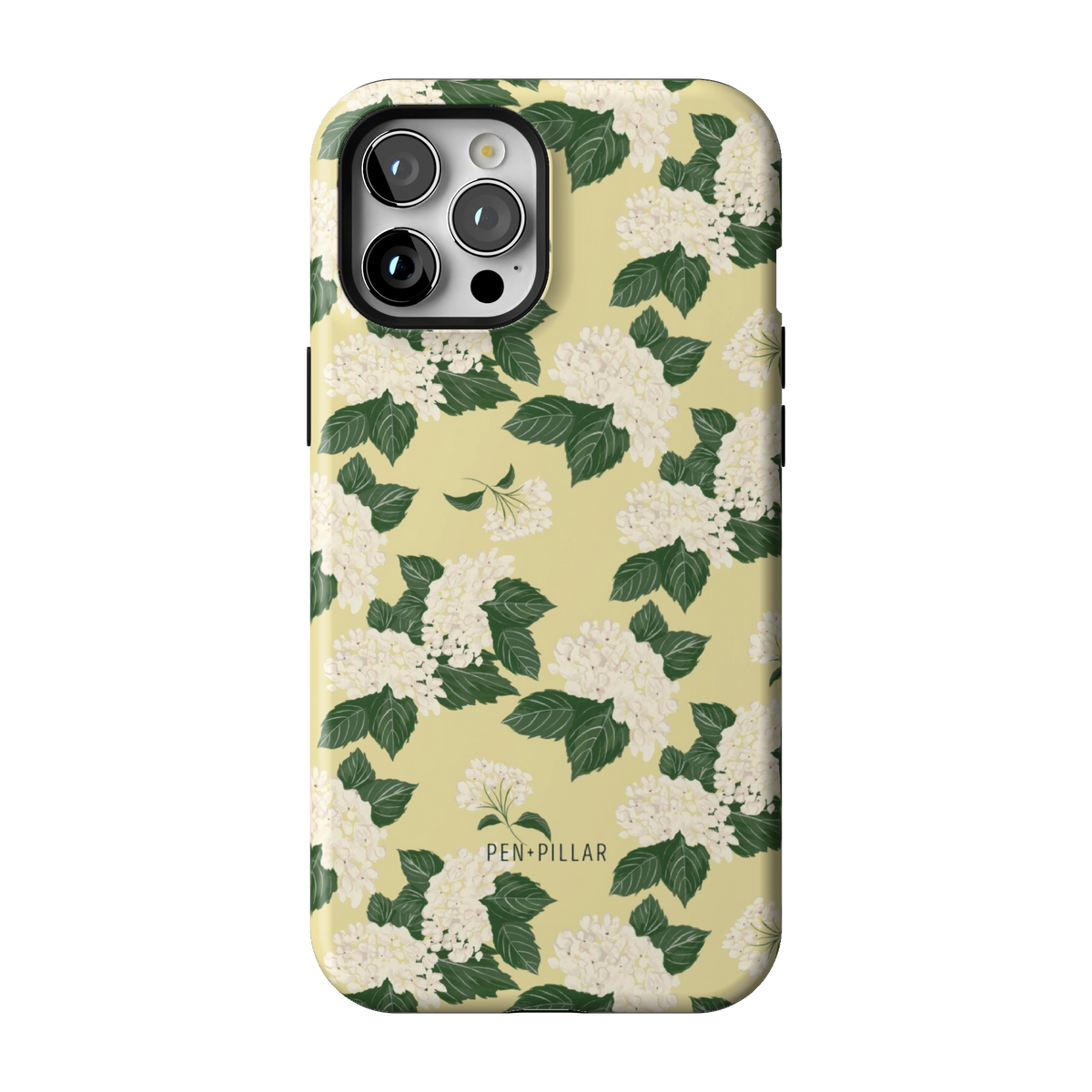 Hydrangea case on iPhone 12 Pro Max, back view: white hydrangeas and green leaves on buttery yellow