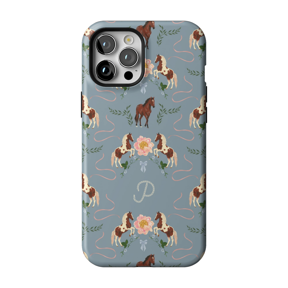 Prairie Personalized case on iPhone 12 Pro Max, back view: horses and blush florals on dusty blue with the initial P