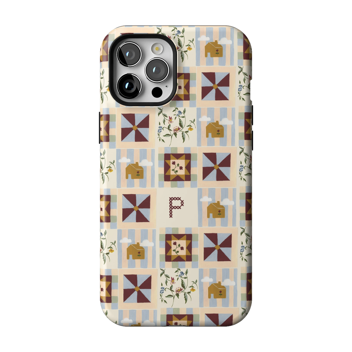 Pinwheel Personalized case on iPhone 12 Pro Max, back view: burgundy pinwheel quilt blocks on blue stripes with the initial P