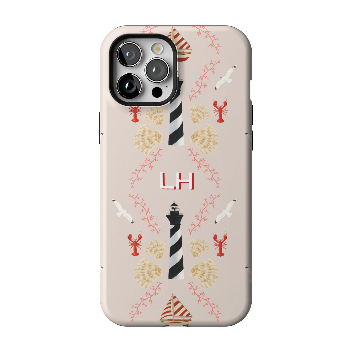 Lighthouse Personalized case on iPhone 12 Pro Max, back view: striped lighthouses, lobsters and seashells on blush with the initials LH