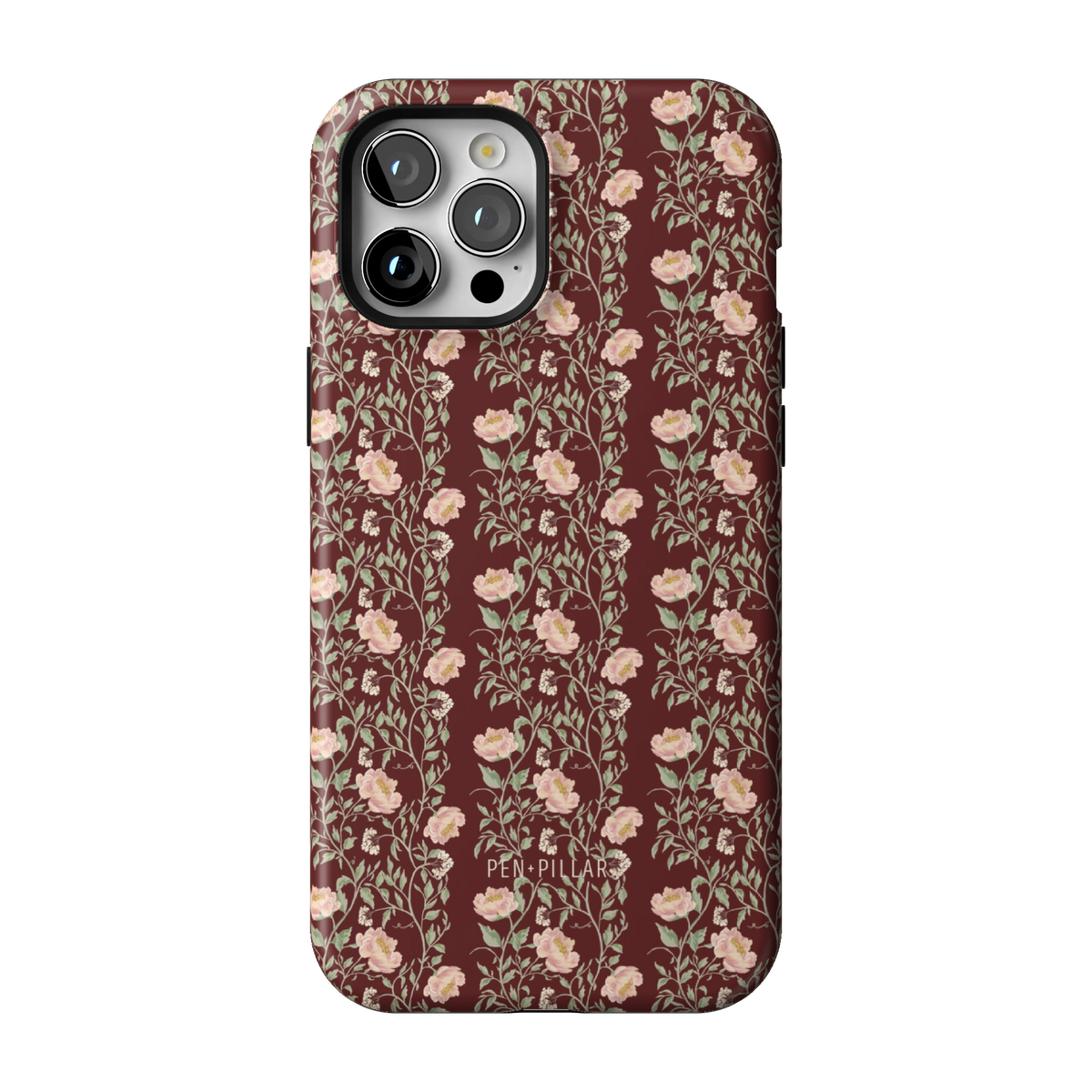 Thicket case on iPhone 12 Pro Max, back view: dense blush and cream florals on deep burgundy