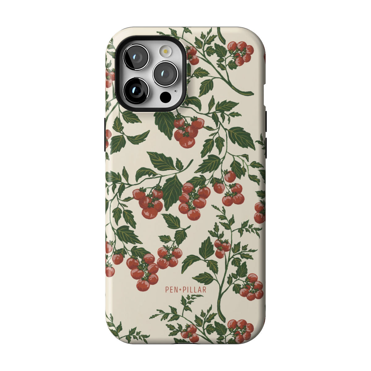 Tomato Vines case on iPhone 12 Pro Max, back view: red tomatoes on leafy green vines over cream