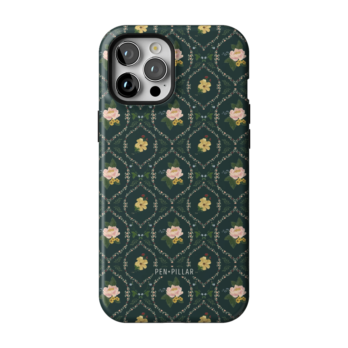 Meadow case on iPhone 12 Pro Max, back view: small yellow and pink flowers in a diamond trellis on deep green