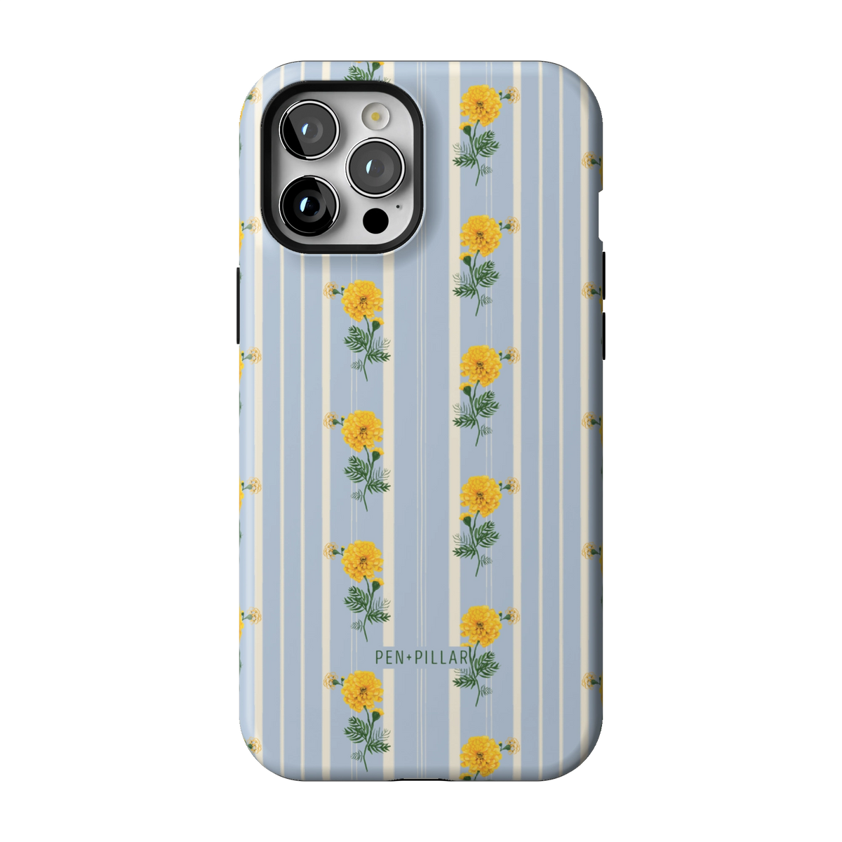 October Birth Month case on iPhone 12 Pro Max, back view: yellow marigolds on blue and cream stripes
