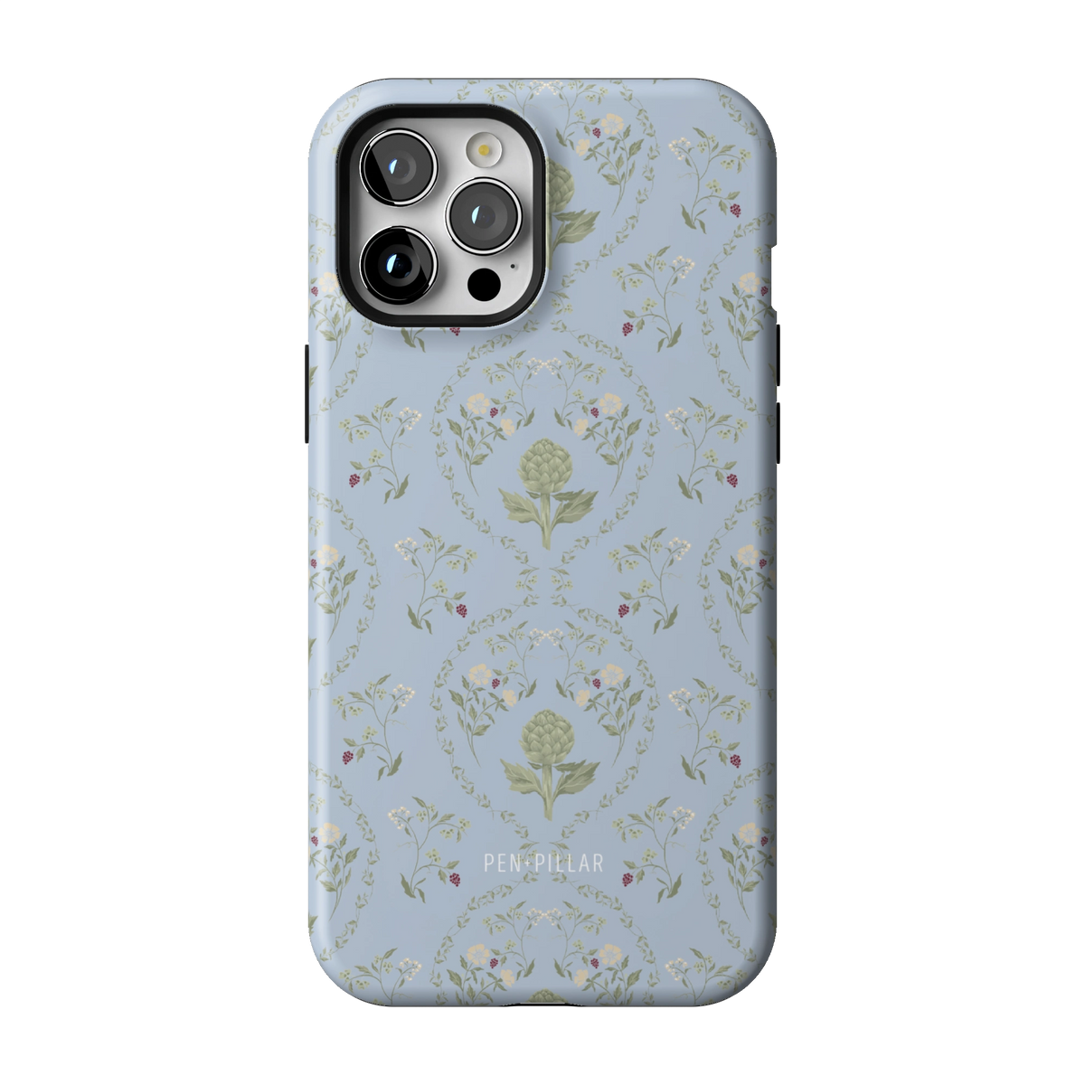 Artichoke case on iPhone 12 Pro Max, back view: soft green artichokes in a vintage trellis on dusty blue