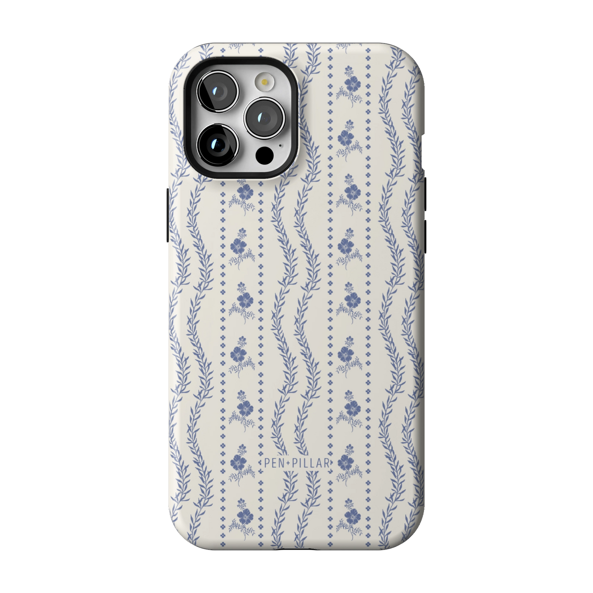 Riviera case on iPhone 12 Pro Max, back view: blue florals and vines in stripes on white