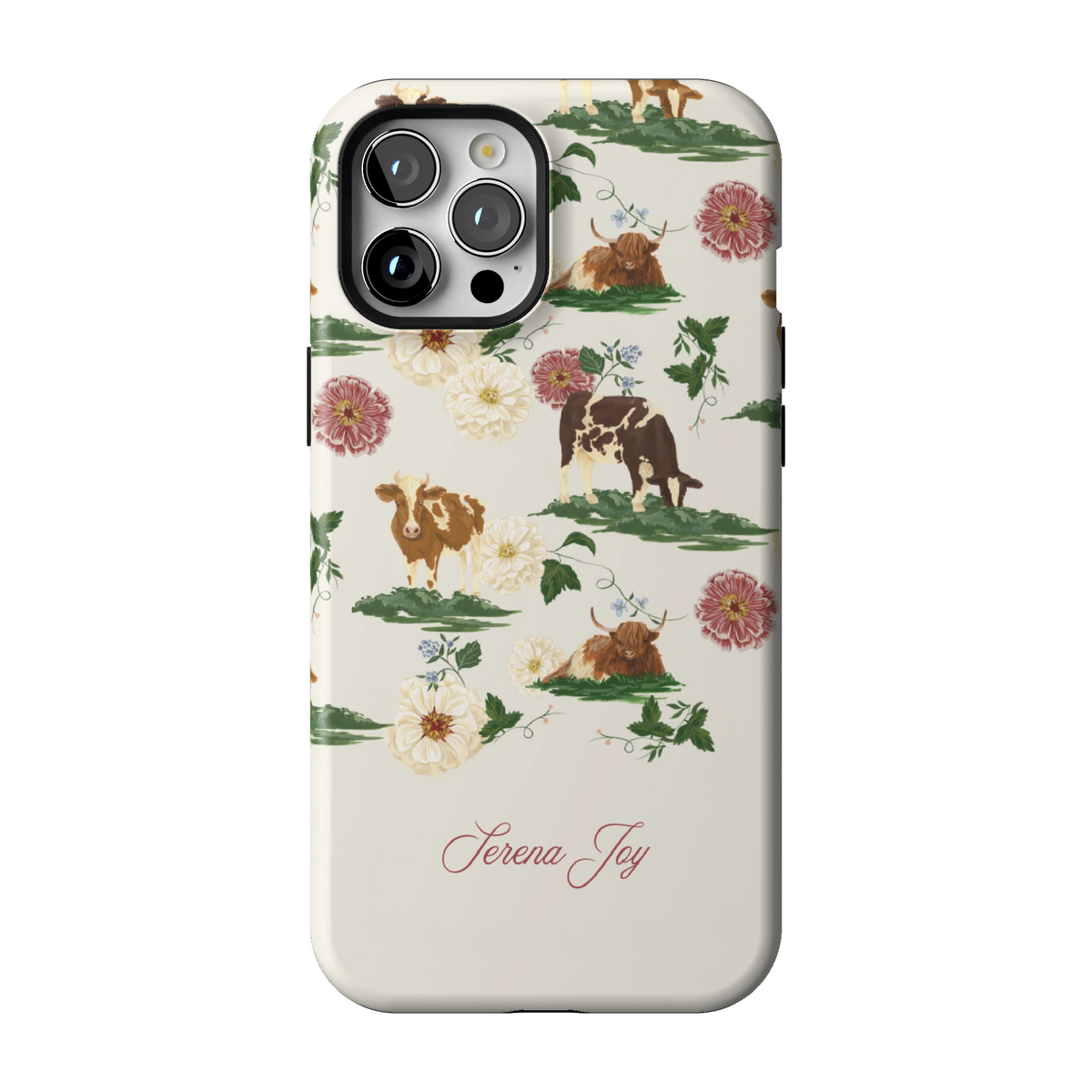 Pasture Personalized case on iPhone 12 Pro Max, back view: cows and dahlias in a countryside scene on cream with a name in script