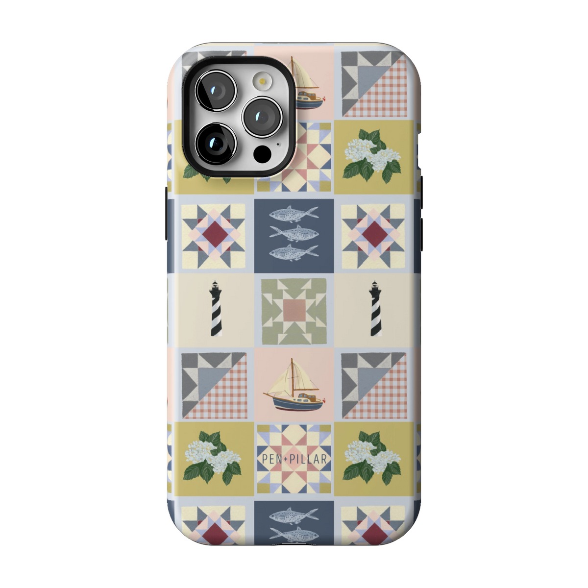 Coastal Quilt case on iPhone 12 Pro Max, back view: quilt blocks with sailboats, fish, a lighthouse and hydrangeas in navy, sage and blush