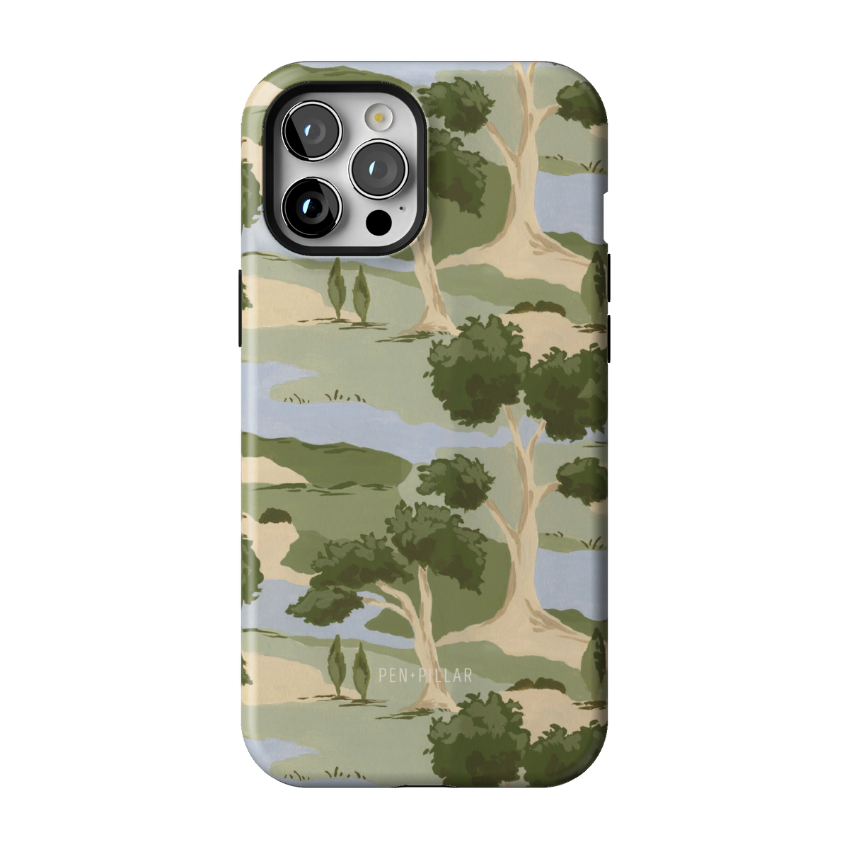 Orchard case on iPhone 12 Pro Max, back view: rolling green trees and winding blue streams on cream