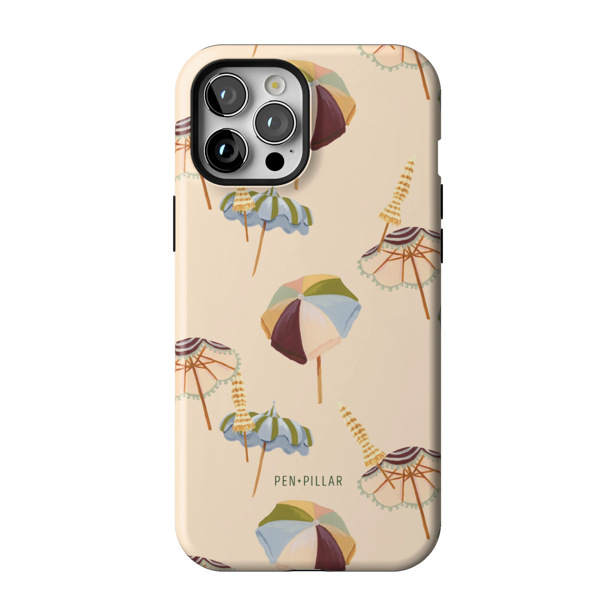 Umbrellas case on iPhone 12 Pro Max, back view: striped beach umbrellas and loungers on warm sand