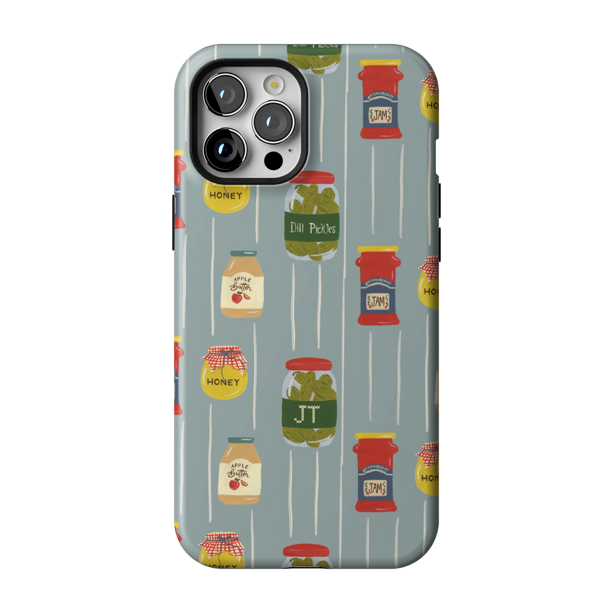 Preserves Personalized case on iPhone 12 Pro Max, back view: jars of honey, pickles and jam on slate blue stripes with the initials JT