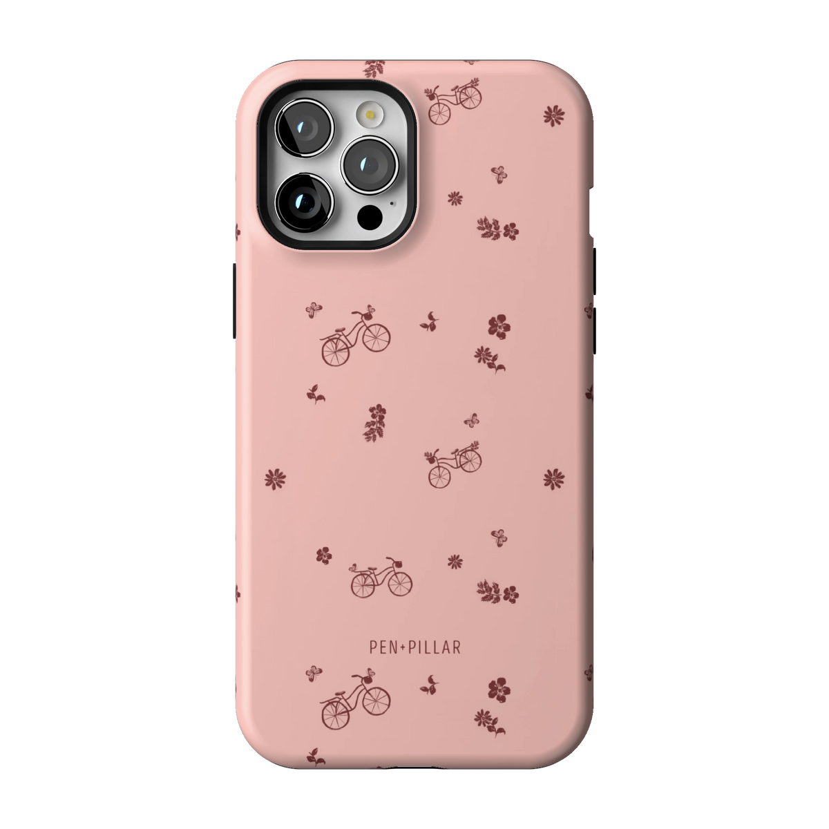Bike Ride case on iPhone 12 Pro Max, back view: little bicycles and flower sprigs on pink