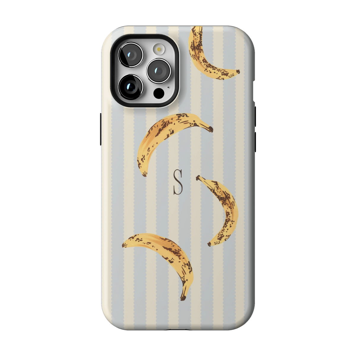Striped Bananas Personalized case on iPhone 12 Pro Max, back view: ripe bananas on pale blue and cream stripes with the initial S