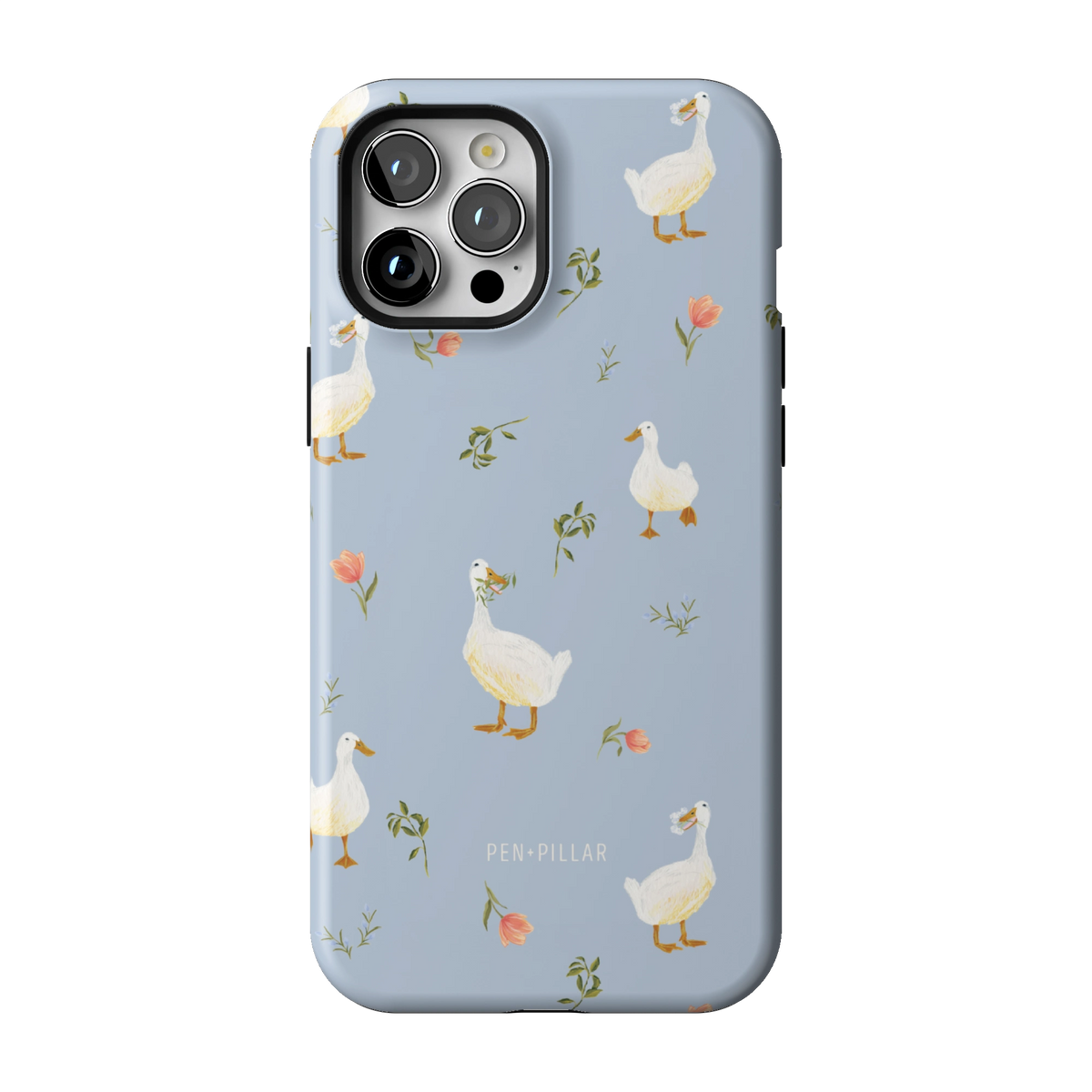 Ducks case on iPhone 12 Pro Max, back view: white ducks and small flower sprigs on soft blue