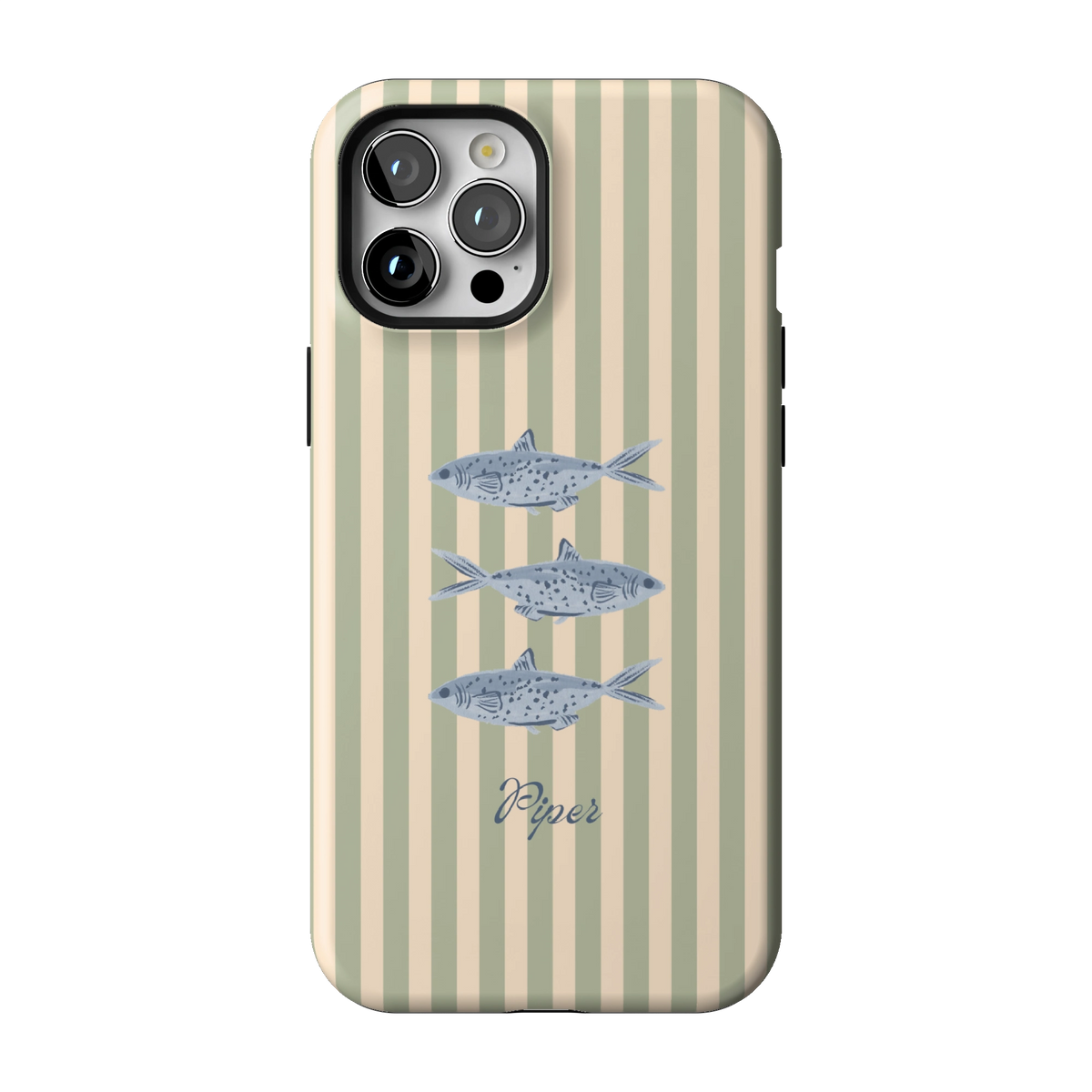 Sea Stripes Personalized case on iPhone 12 Pro Max, back view: blue fish on sage and cream stripes with the name Piper