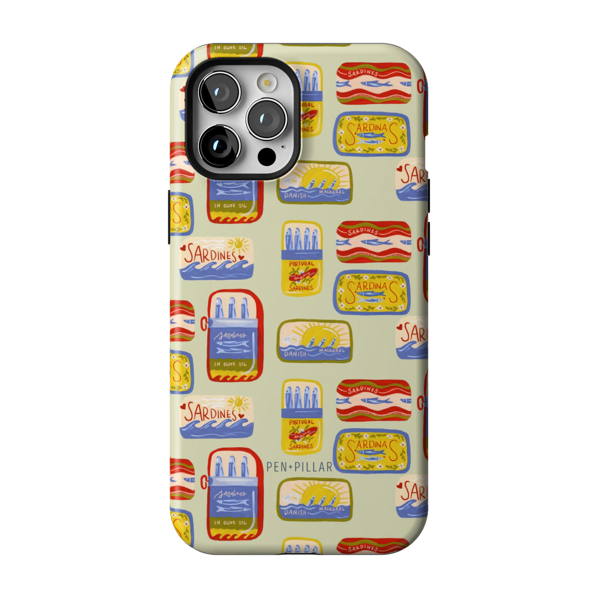 Sardines case on iPhone 12 Pro Max, back view: vintage sardine tins on pale sage