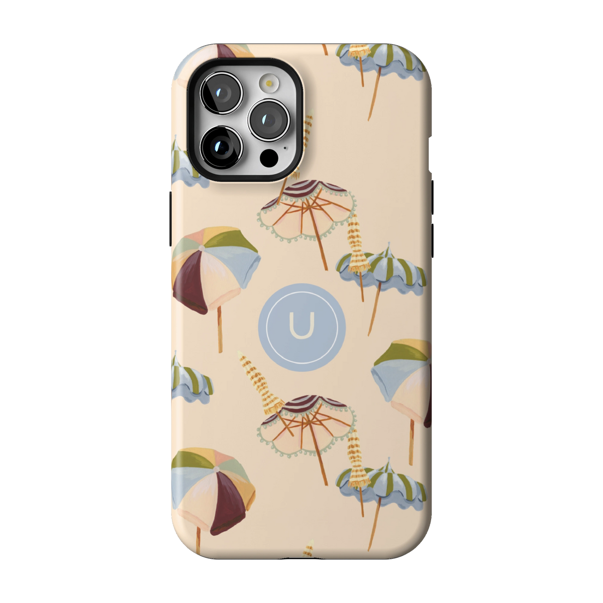 Umbrellas Personalized case on iPhone 12 Pro Max, back view: striped beach umbrellas and loungers on warm sand with the initial U