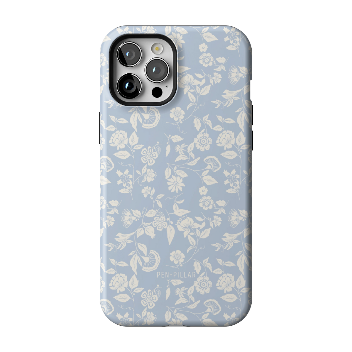 Spritz case on iPhone 12 Pro Max, back view: white florals on soft blue
