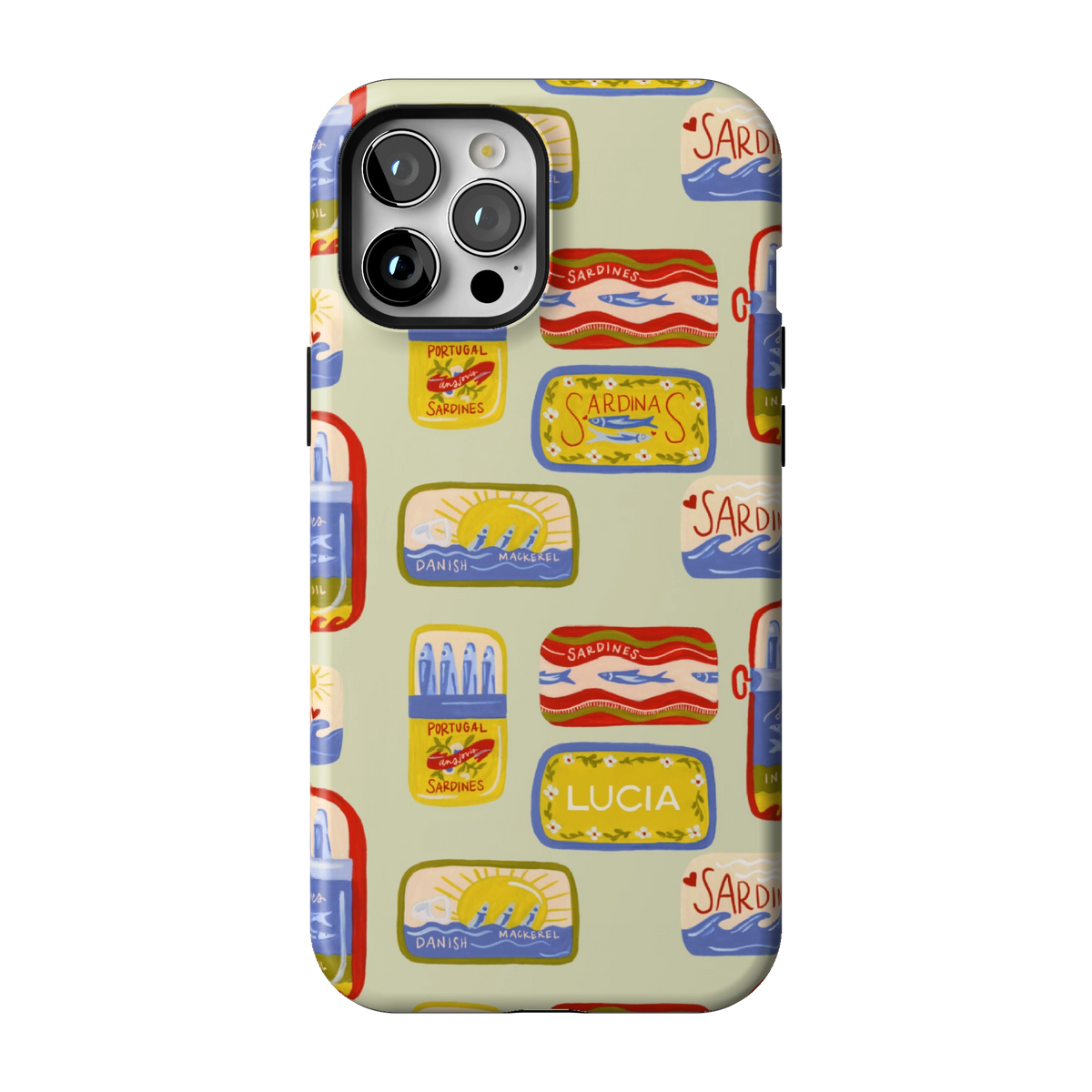 Sardines Personalized case on iPhone 12 Pro Max, back view: vintage sardine tins on pale sage with the name Lucia