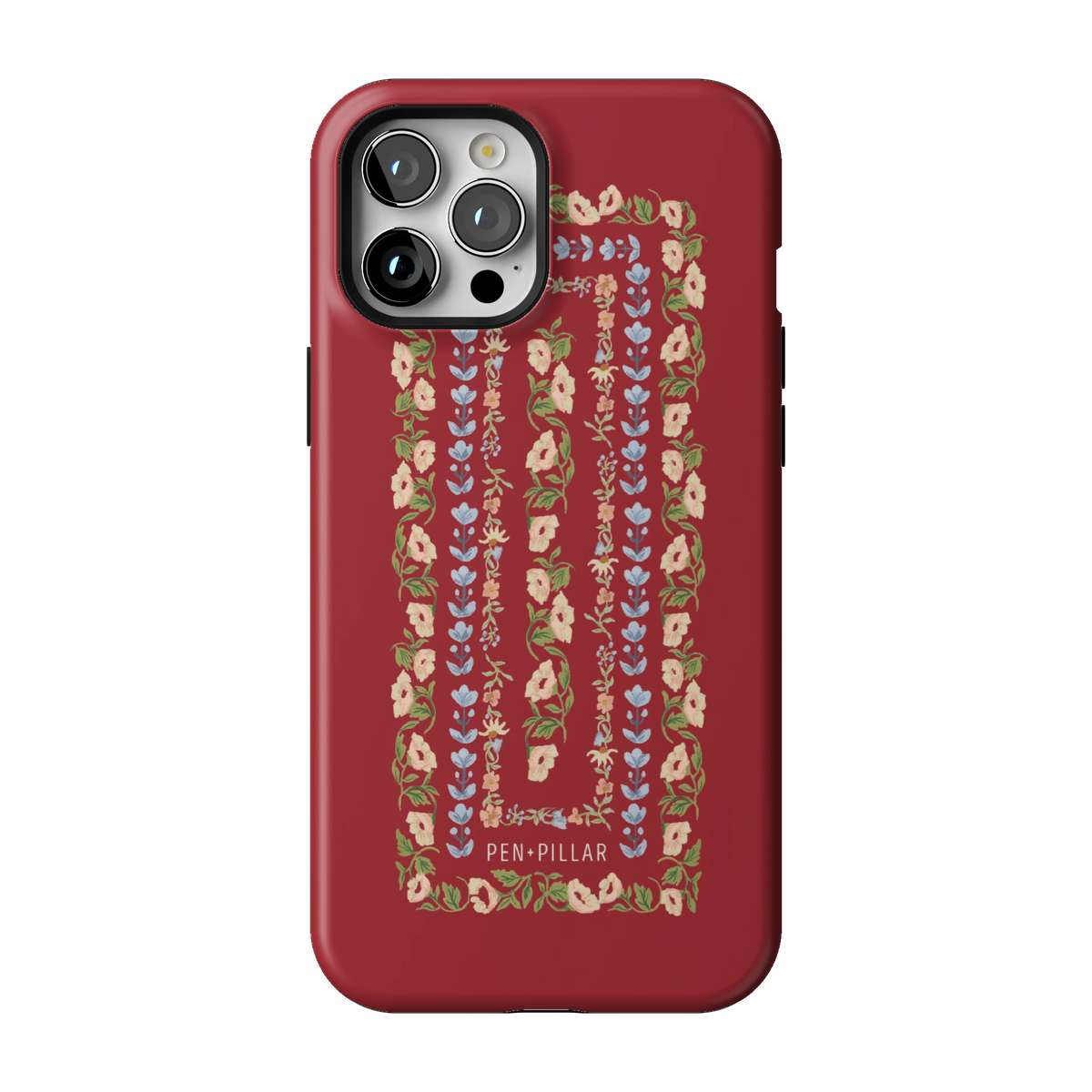 Fiona case on iPhone 12 Pro Max, back view: ornate floral stripes in cream, blush and blue on rich red