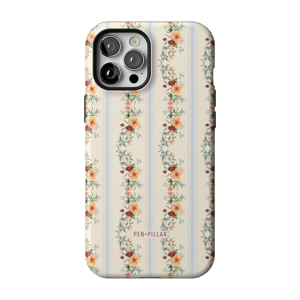 Wallflower case on iPhone 12 Pro Max, back view: floral garlands in orange and blush on cream and pale blue stripes