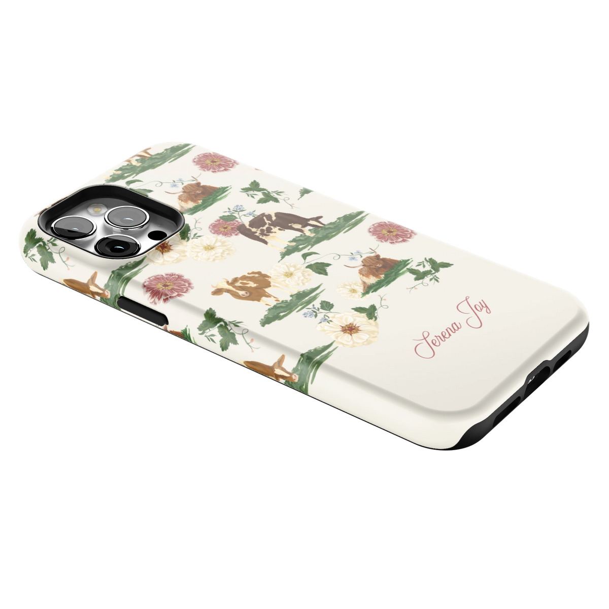 Pasture Personalized iPhone 12 Pro Max case lying at an angle, showing the side buttons and print wrapping the edges