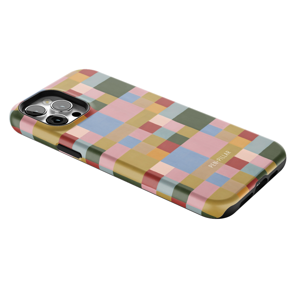 Colorblock iPhone 12 Pro Max case lying at an angle, showing the side buttons and print wrapping the edges