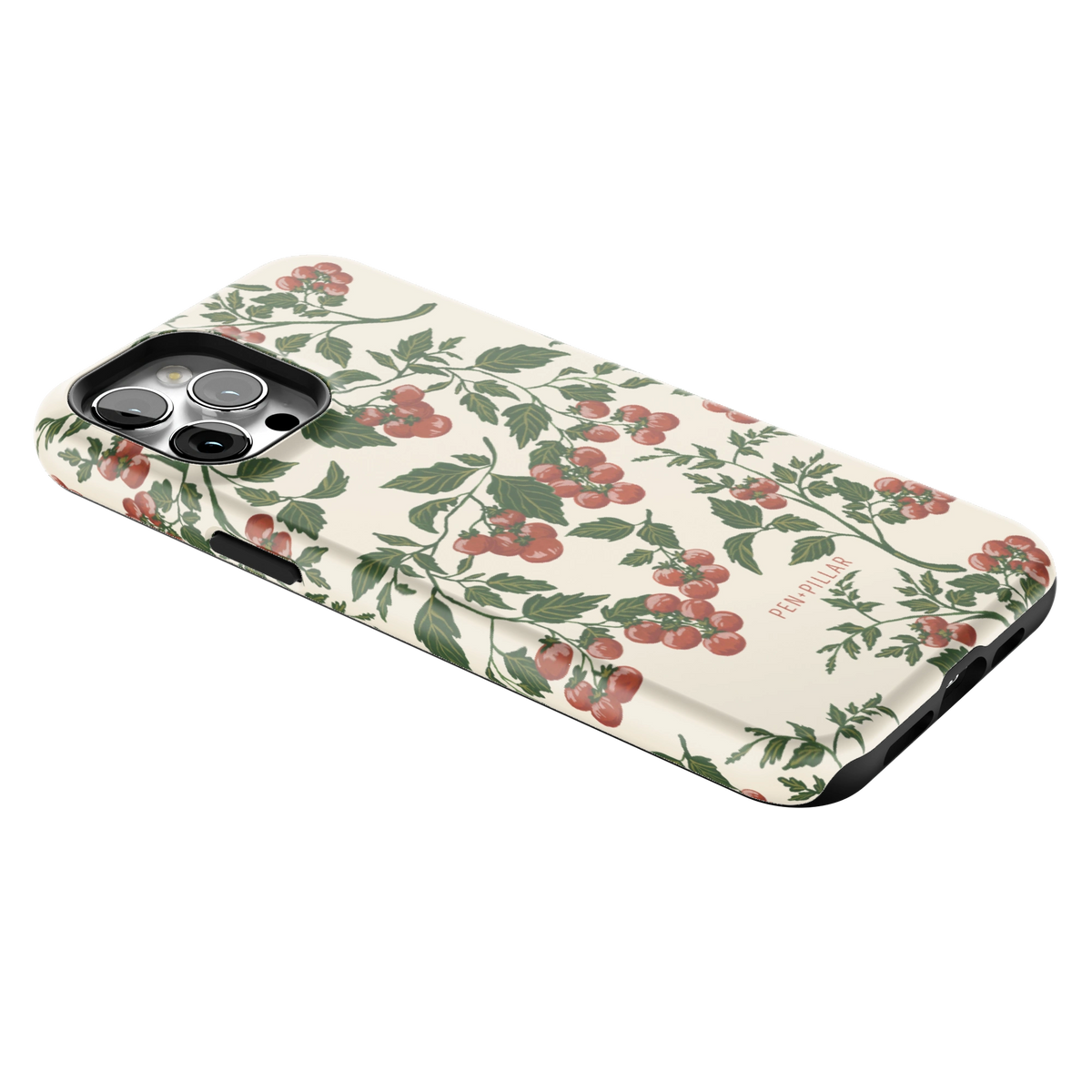 Tomato Vines iPhone 12 Pro Max case lying at an angle, showing the side buttons and print wrapping the edges