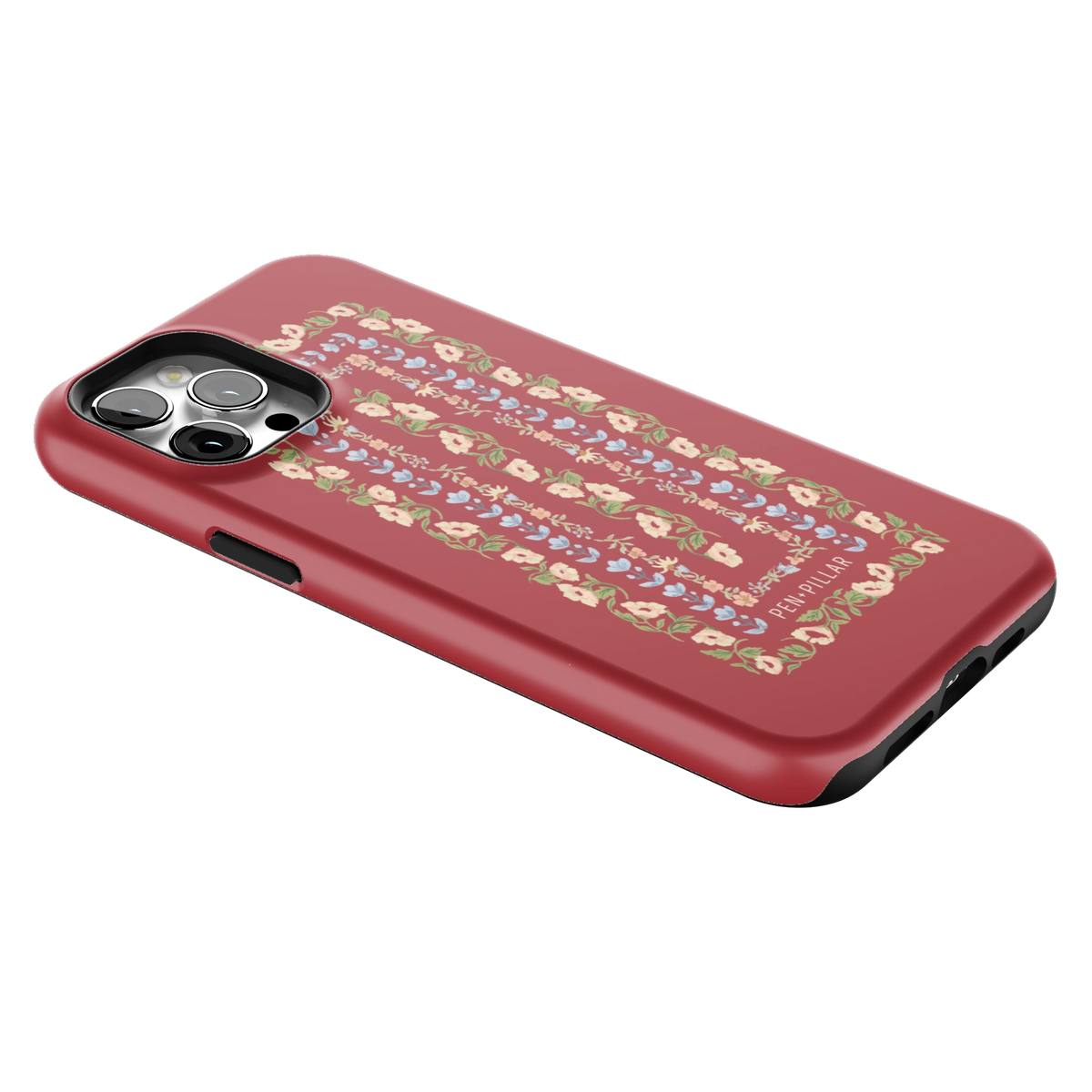 Fiona iPhone 12 Pro Max case lying at an angle, showing the side buttons and print wrapping the edges