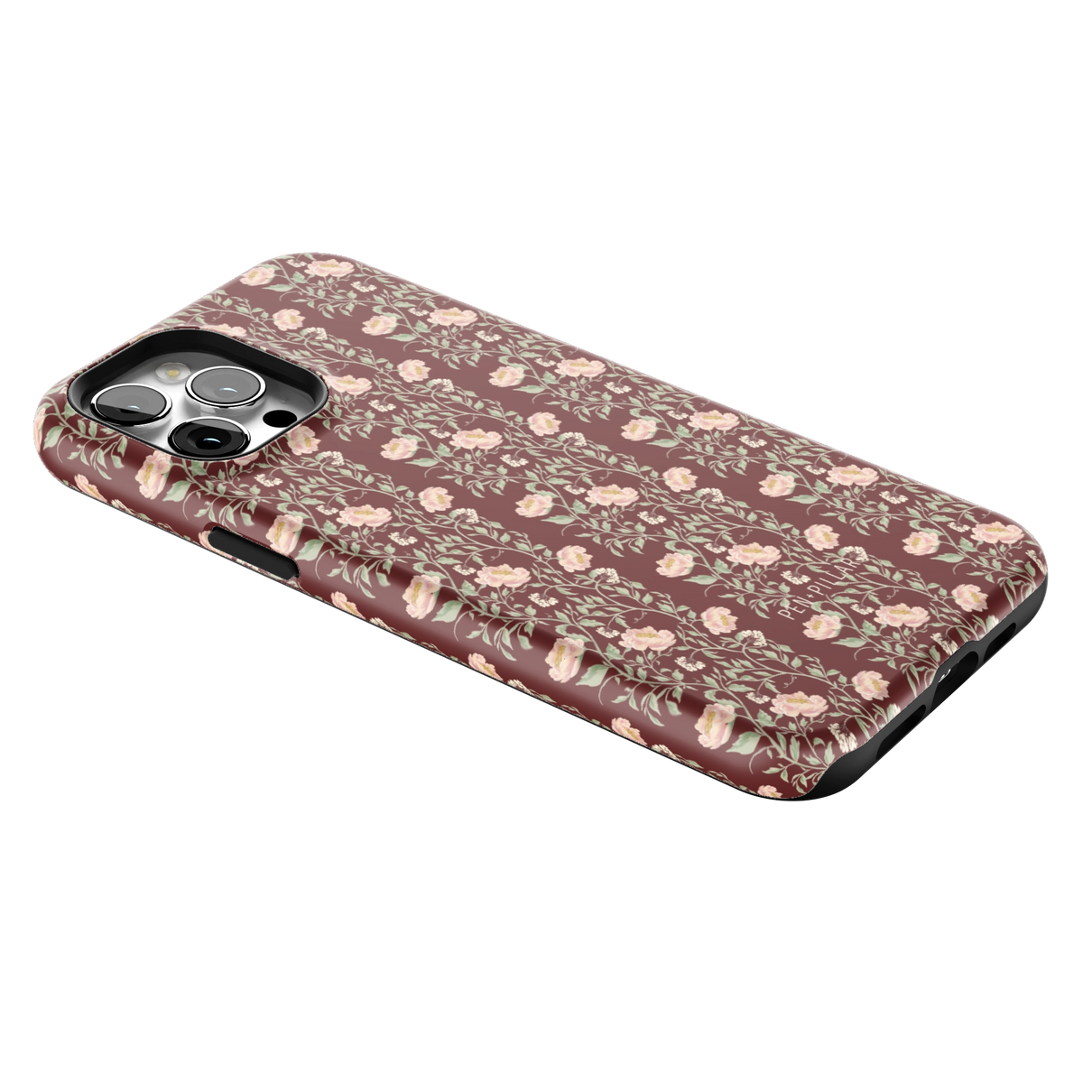 Thicket iPhone 12 Pro Max case lying at an angle, showing the side buttons and print wrapping the edges