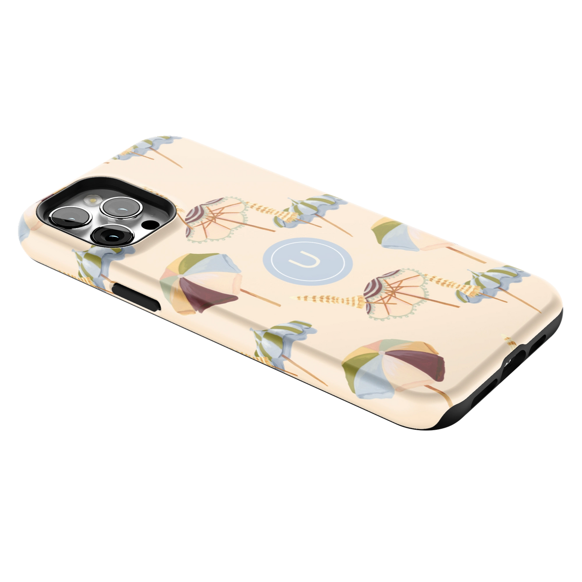 Umbrellas Personalized iPhone 12 Pro Max case lying at an angle, showing the side buttons and print wrapping the edges
