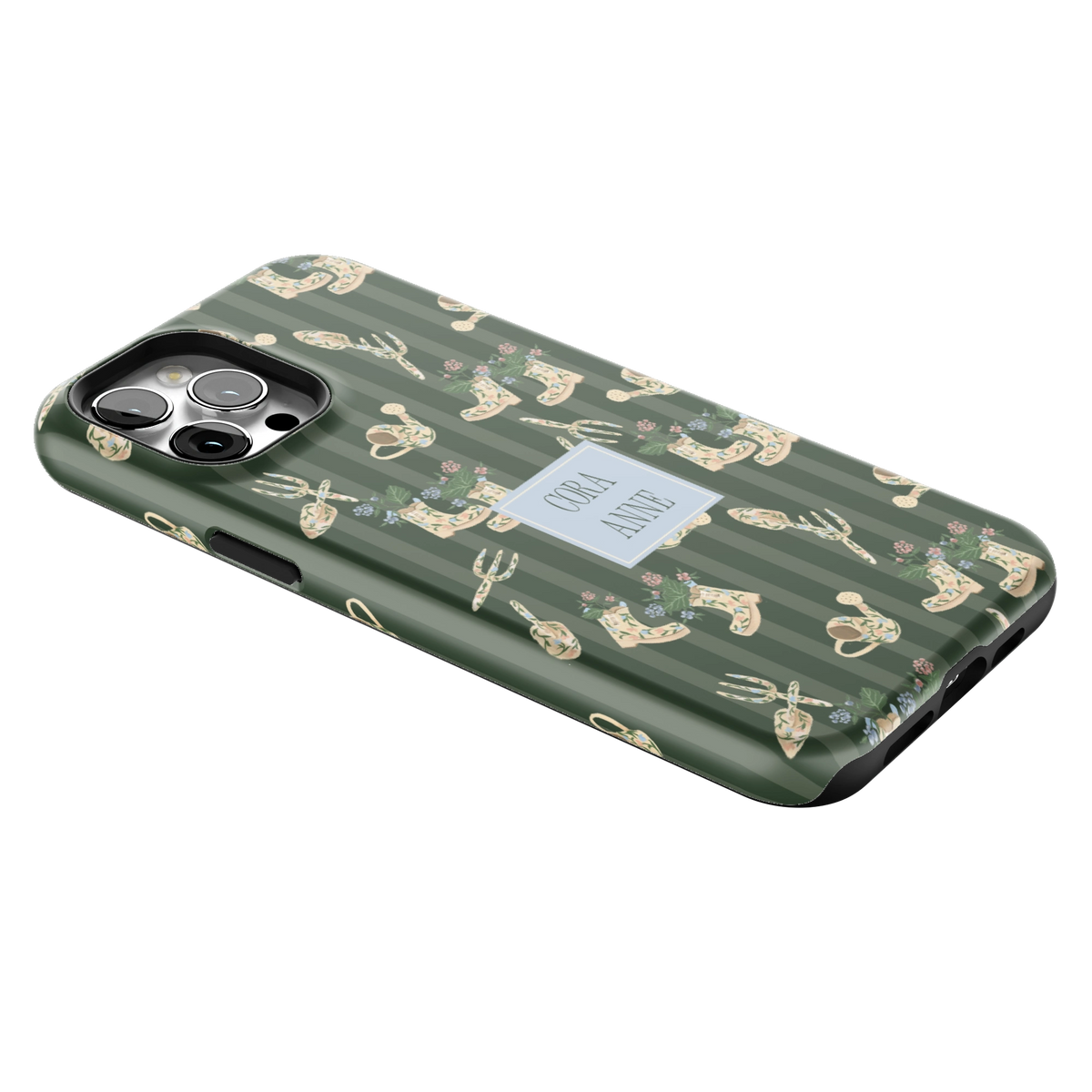 In the Garden Personalized iPhone 12 Pro Max case lying at an angle, showing the side buttons and print wrapping the edges