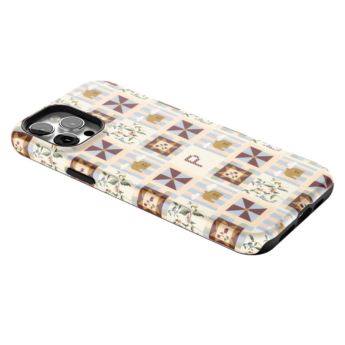 Pinwheel Personalized iPhone 12 Pro Max case lying at an angle, showing the side buttons and print wrapping the edges