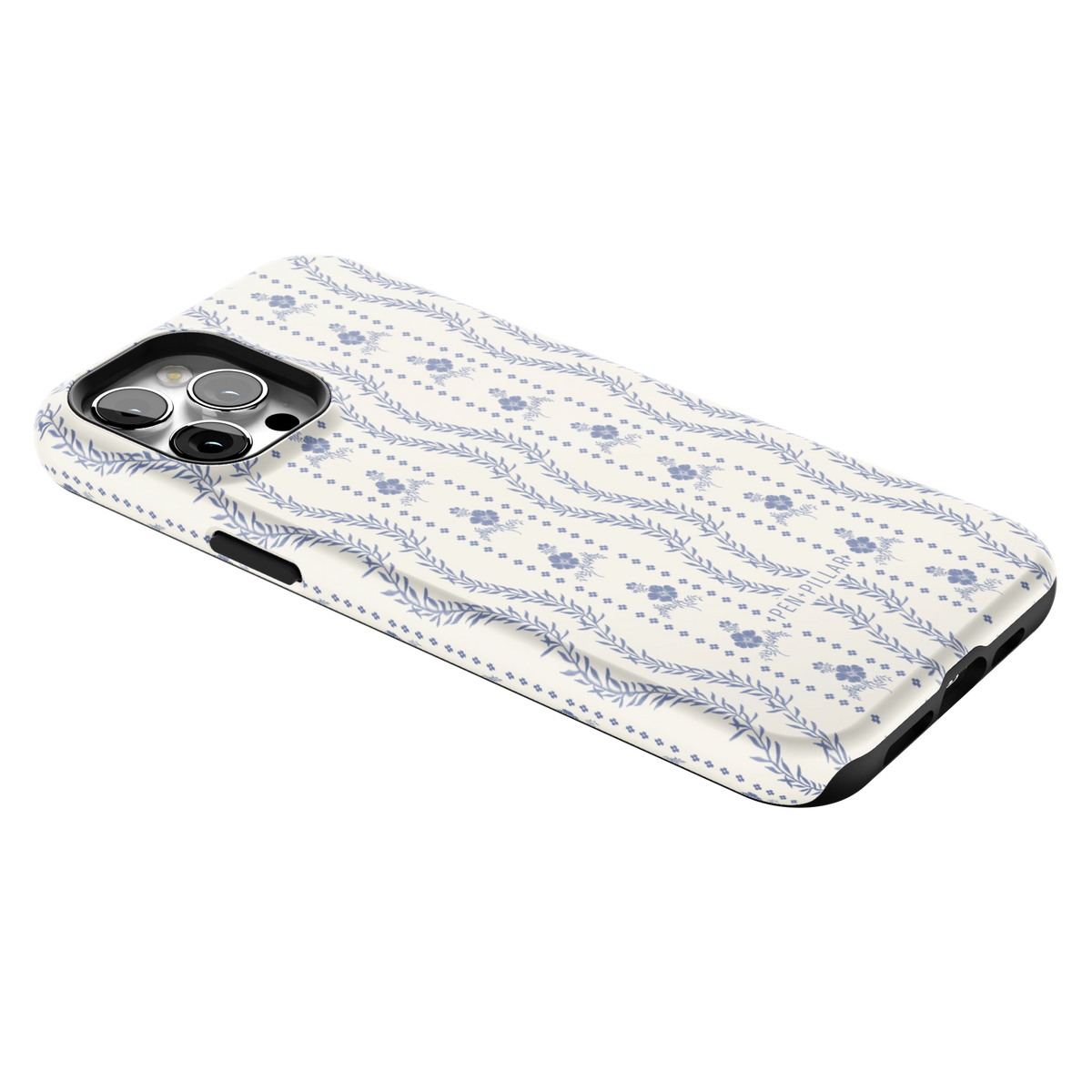 Riviera iPhone 12 Pro Max case lying at an angle, showing the side buttons and print wrapping the edges