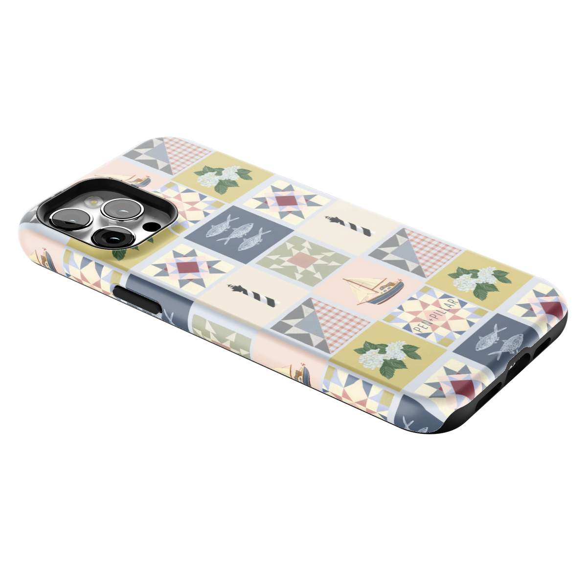 Coastal Quilt iPhone 12 Pro Max case lying at an angle, showing the side buttons and print wrapping the edges