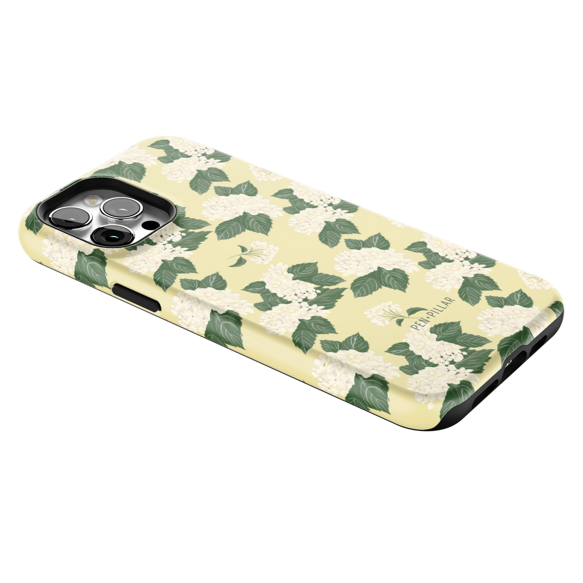 Hydrangea iPhone 12 Pro Max case lying at an angle, showing the side buttons and print wrapping the edges