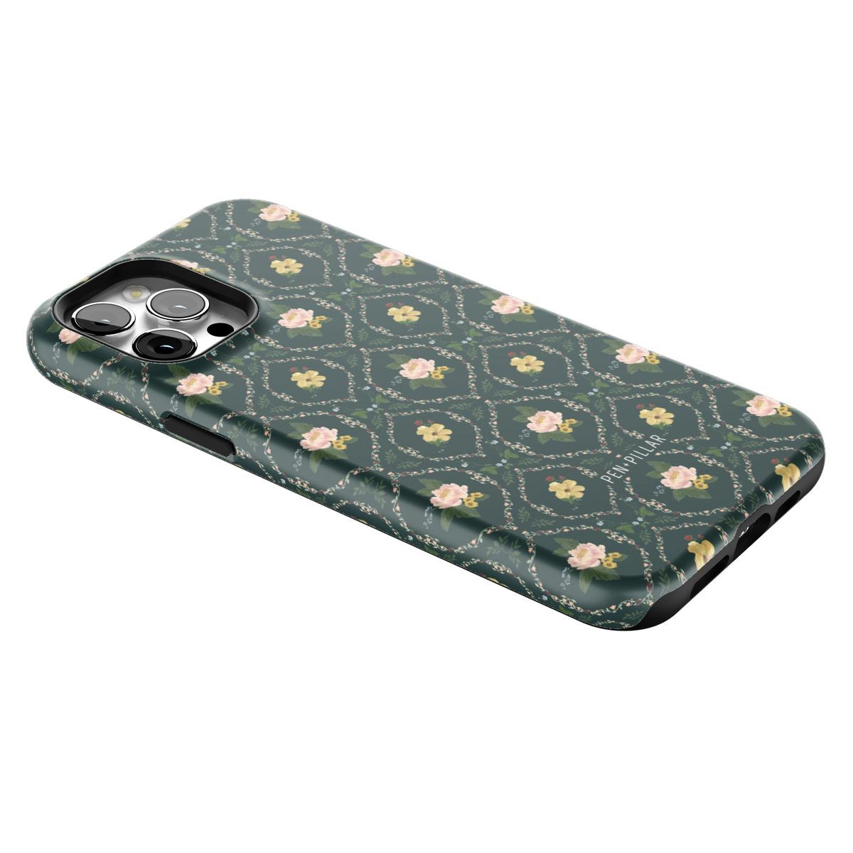 Meadow iPhone 12 Pro Max case lying at an angle, showing the side buttons and print wrapping the edges