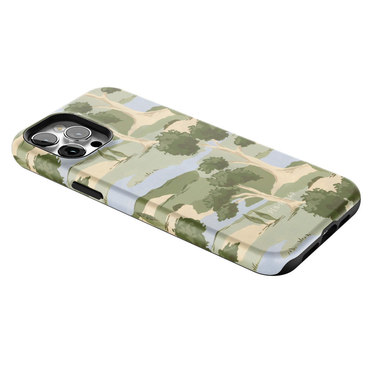 Orchard iPhone 12 Pro Max case lying at an angle, showing the side buttons and print wrapping the edges