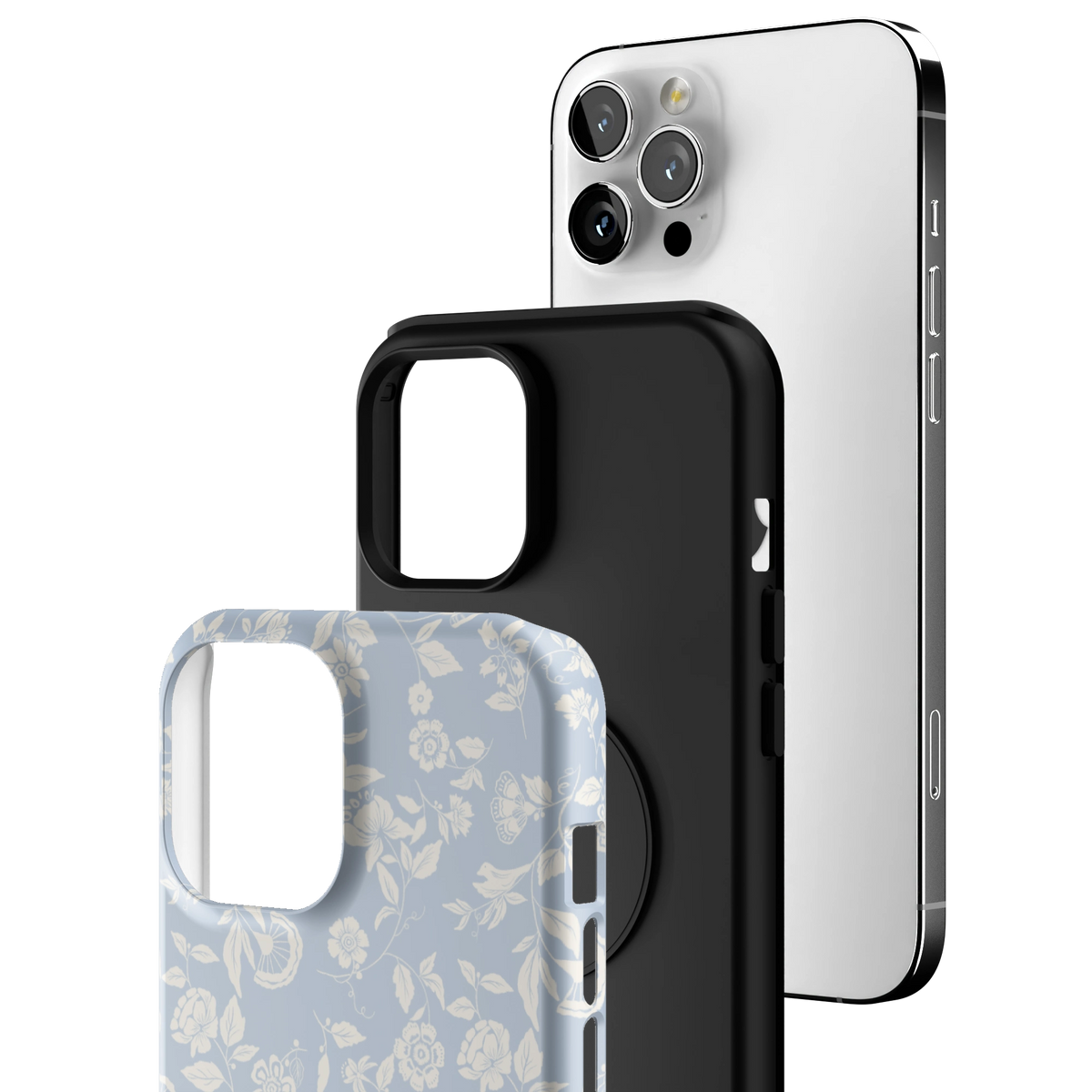 Exploded view of the Spritz iPhone 12 Pro Max case: printed shell, black inner layer with MagSafe ring, and phone