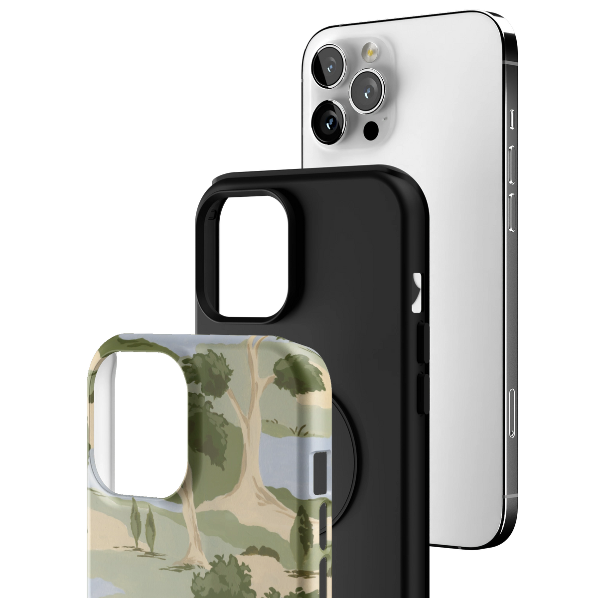 Exploded view of the Orchard iPhone 12 Pro Max case: printed shell, black inner layer with MagSafe ring, and phone
