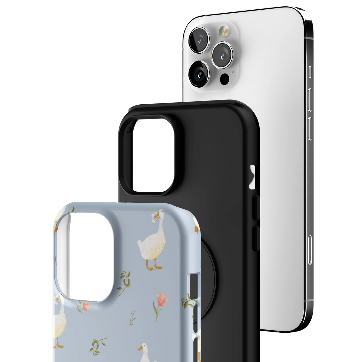 Exploded view of the Ducks iPhone 12 Pro Max case: printed shell, black inner layer with MagSafe ring, and phone