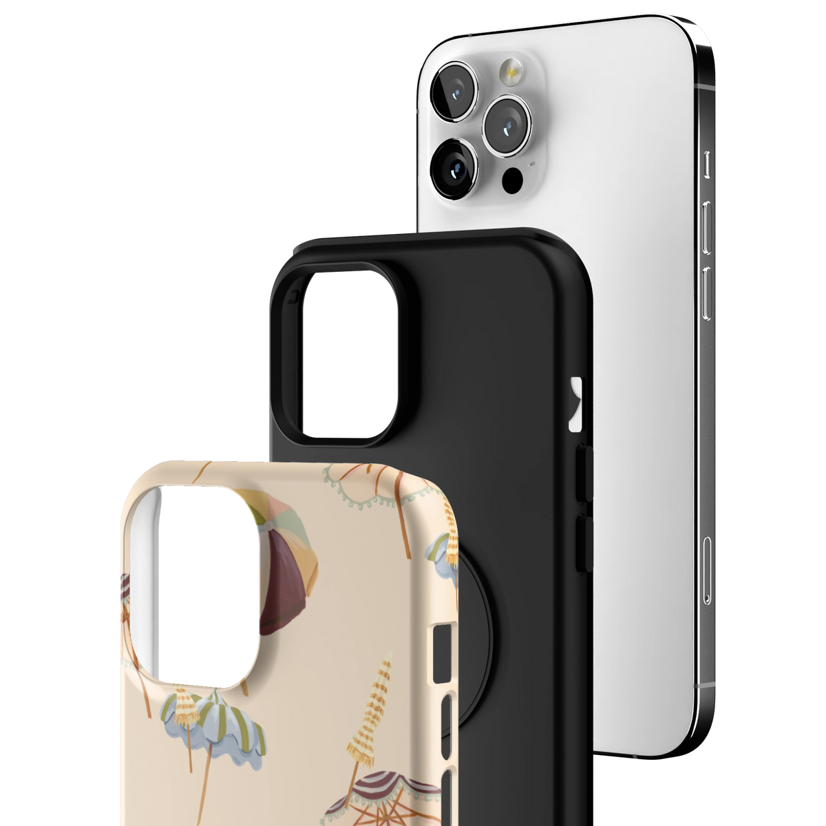 Exploded view of the Umbrellas iPhone 12 Pro Max case: printed shell, black inner layer with MagSafe ring, and phone