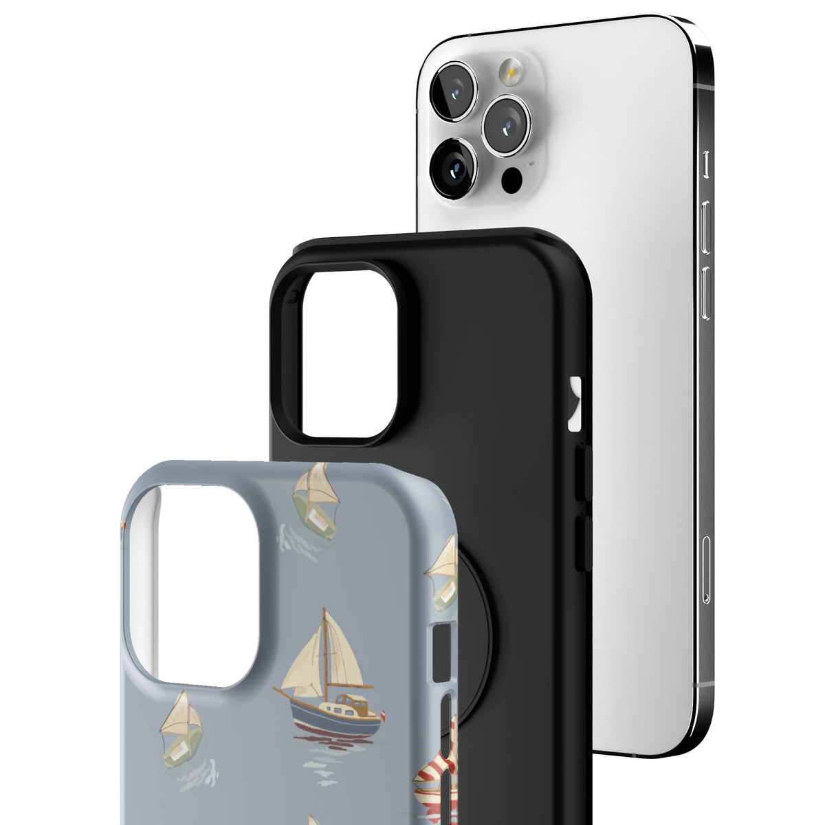 Exploded view of the Harbor iPhone 12 Pro Max case: printed shell, black inner layer with MagSafe ring, and phone