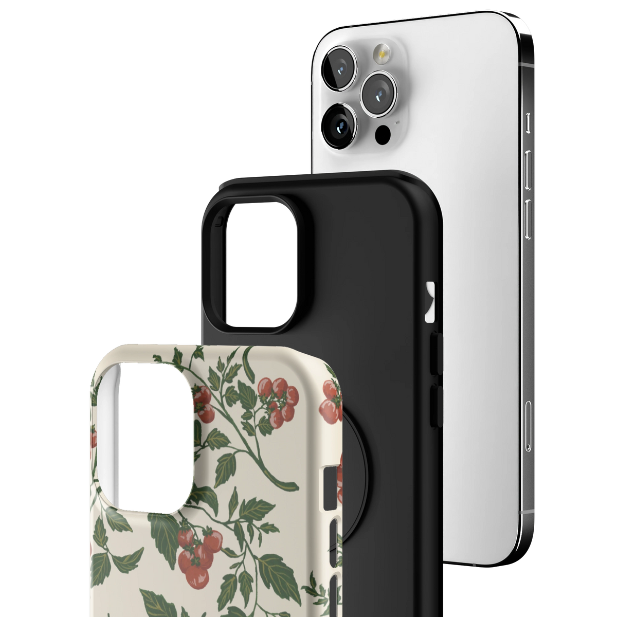 Exploded view of the Tomato Vines iPhone 12 Pro Max case: printed shell, black inner layer with MagSafe ring, and phone