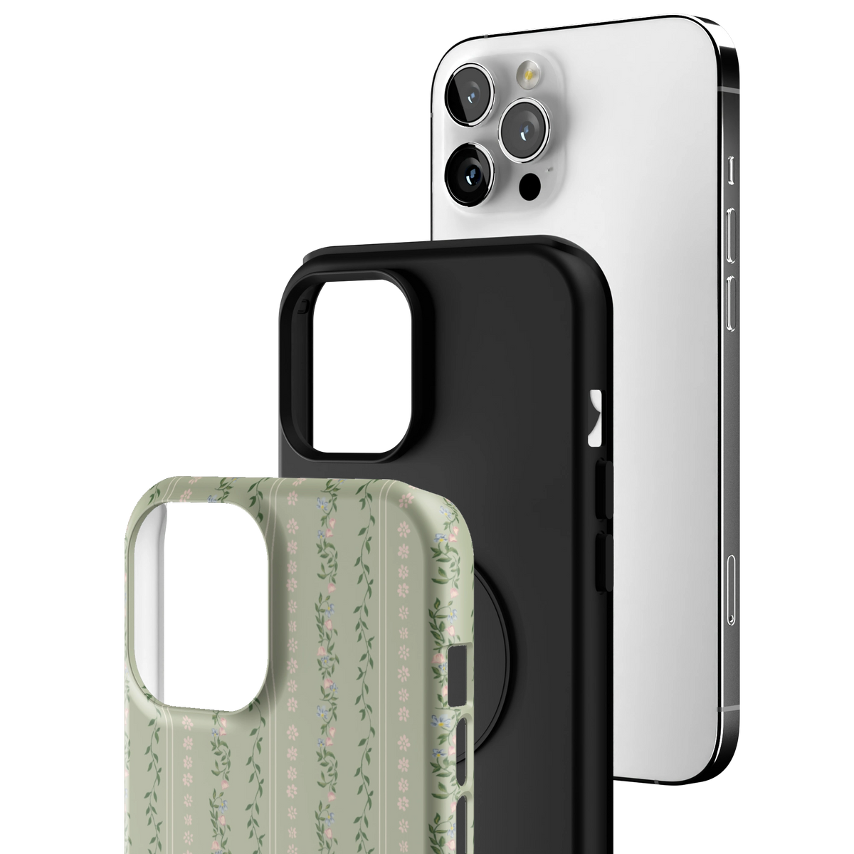 Exploded view of the Camellia iPhone 12 Pro Max case: printed shell, black inner layer with MagSafe ring, and phone