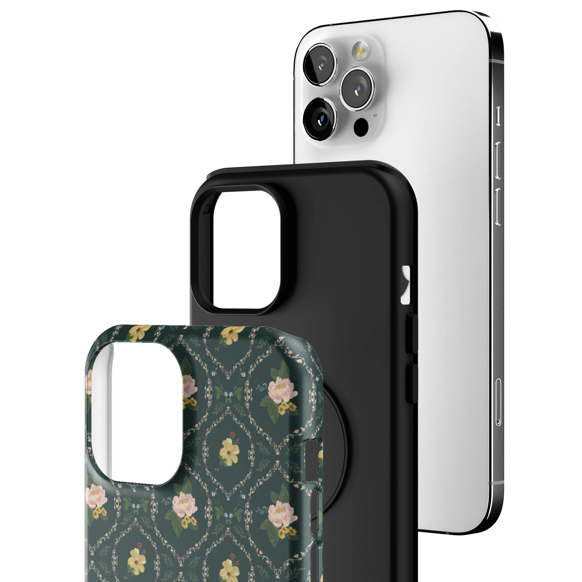 Exploded view of the Meadow iPhone 12 Pro Max case: printed shell, black inner layer with MagSafe ring, and phone
